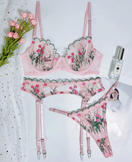 Aura - Pink & Flowery - Ensemble Charmeur en dentelle rose et fleurie